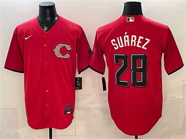 Men%27s Cincinnati Reds #28 Eugenio Suarez Red 2026 City Connect Stadium Stitched Jersey