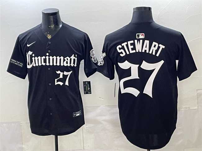 Men's Cincinnati Reds #27 Sal Stewart Black 'Gothic Queen City Edition' Vapor Premier Limited Stitched Jersey-0