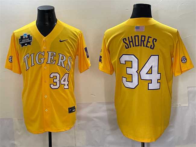 Men's LSU Tigers #34 Chase Shores Gold 2025 World Series & SEC Patch Stitched Baseball Jersey-0