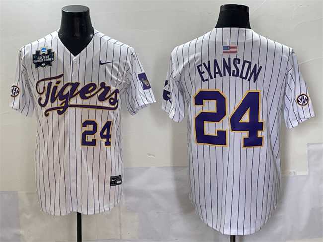 Men's LSU Tigers #24 Anthony Eyanson White Pinstripe 2025 World Series & SEC Patch Stitched Baseball Jersey-0