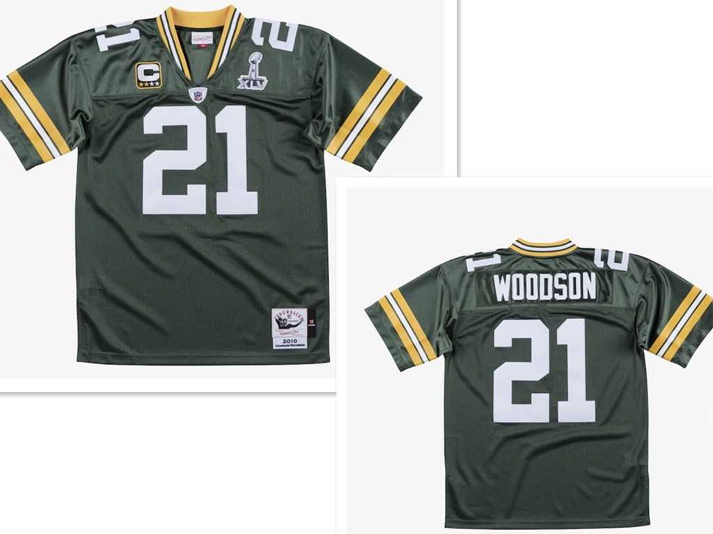 Men%27s Green Bay Packers #21 Charles Woodson Green With 2-star captains%27 patch and Super Bowl XLV patch 2010 Throwback Jersey