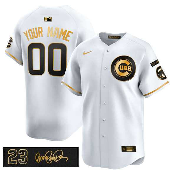 Men%27s Chicago Cubs Active Player Custom White Gold Ryne Sandberg Tribute Vapor Limited V3 Stitched Baseball Jersey