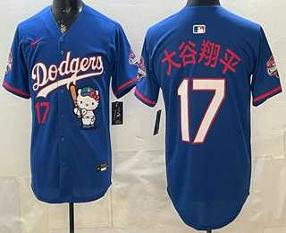 Men's Los Angeles Dodgers #17 Shohei Ohtani Blue Japanese Hello Kitty 2025 World Series Champions Limited Jersey-0