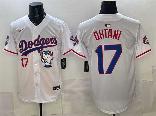 Men%27s Los Angeles Dodgers #17 Shohei Ohtani White Hello Kitty Night 2025 World Series Champions Patch Stitched Jersey
