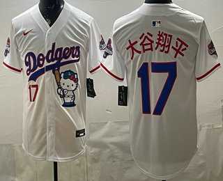 Men%27s Los Angeles Dodgers #17 Shohei Ohtani White Japanese Hello Kitty 2025 World Series Champions Limited Jersey