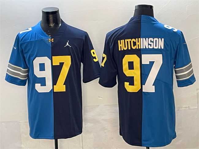 Men's Detroit Lions X Wolverines #97 Aidan Hutchinson Blue Navy Split Vapor Limited Stitched Jersey-0