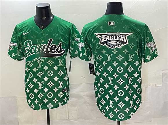 Men%27s Philadelphia Eagles Team Big Logo Green With Patch Limited Stitched Baseball Jersey