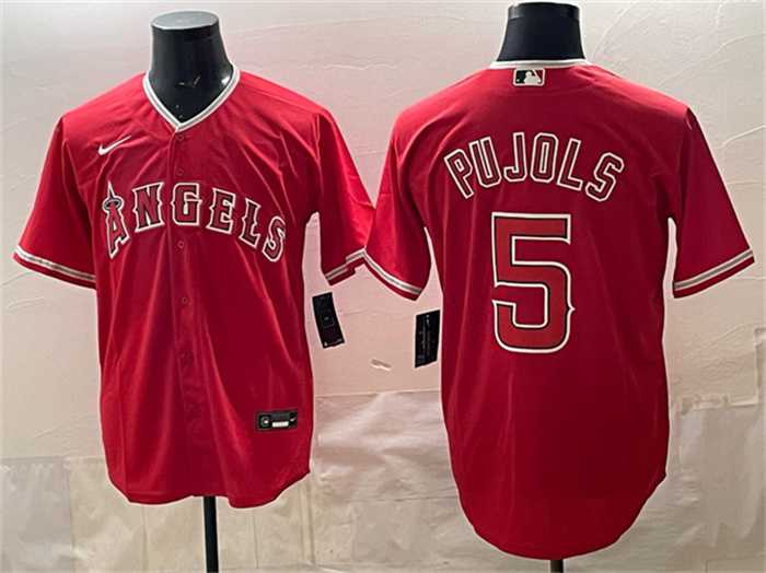 Men's Los Angeles Angels #5 Albert Pujols Red Stitched Jersey-0