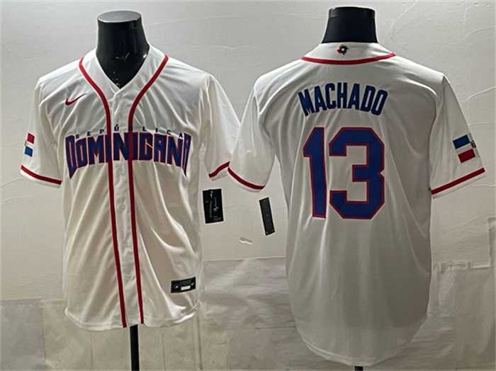 Men%27s Dominican Republic Baseball #13 Manny Machado White 2026 World Baseball Classic Home Stadium Stitched Jersey