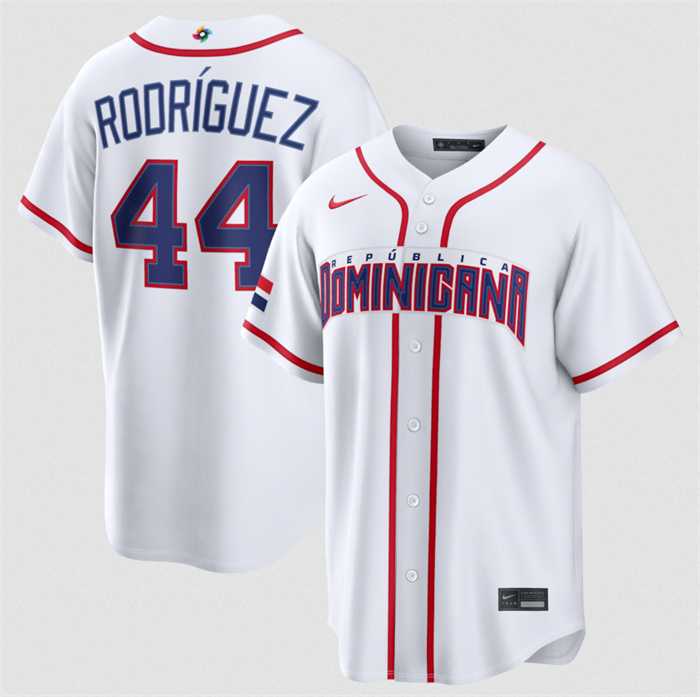 Men%27s Dominican Republic Baseball #44 Julio Rodriguez White 2026 World Baseball Classic Home Stadium Stitched Jersey
