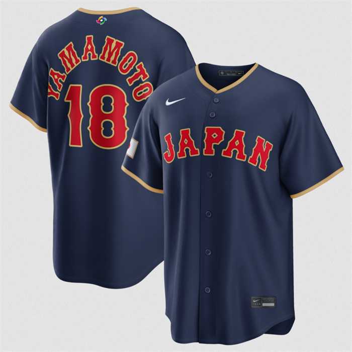 Men%27s Japan Baseball #18 Yoshinobu Yamamoto Navy 2026 World Baseball Classic Road Stadium Stitched Jersey
