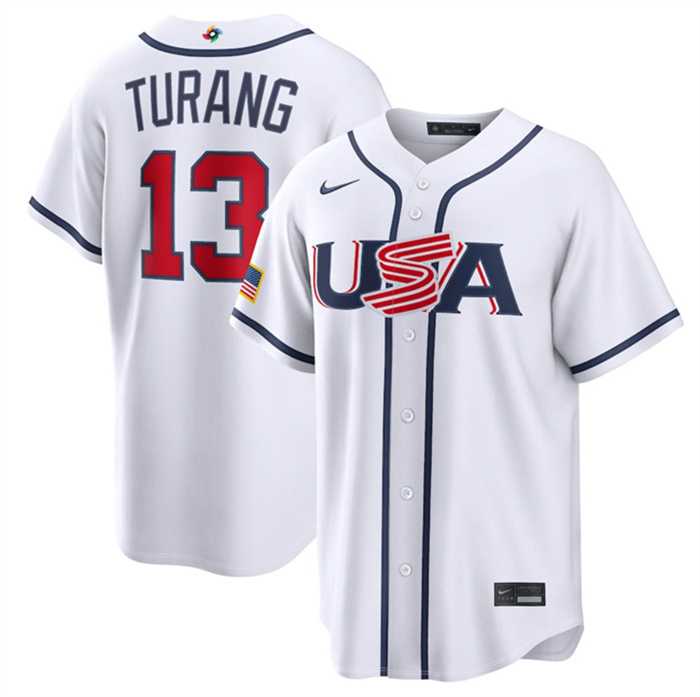Men%27s USA Baseball #13 Brice Turang White 2026 World Baseball Classic Home Stadium Stitched Jersey