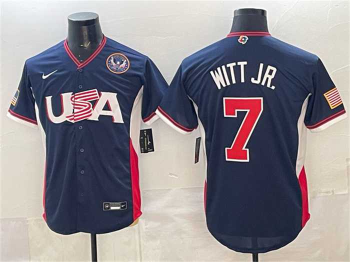 Men%27s USA Baseball #7 Bobby Witt Jr. Navy 2026 World Baseball Classic United States 250th Anniversary Patch Road Stadium Stitched Jersey