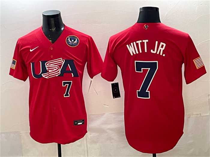 Men%27s USA Baseball #7 Bobby Witt Jr. Red 2026 World Baseball Classic United States 250th Anniversary Patch Stadium Stitched Jersey