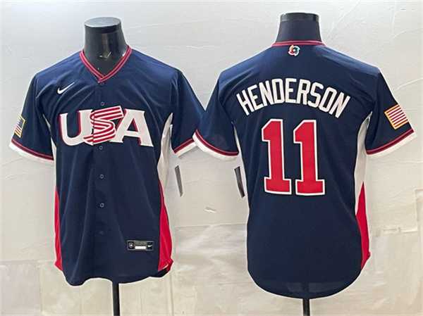 Men%27s USA Baseball #11 Gunnar Henderson Navy 2026 World Baseball Classic Road Stadium Stitched Jersey