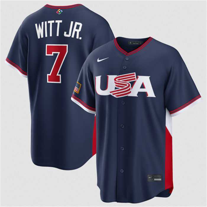 Men%27s USA Baseball #7 Bobby Witt Jr. Navy 2026 World Baseball Classic Road Stadium Stitched Jersey