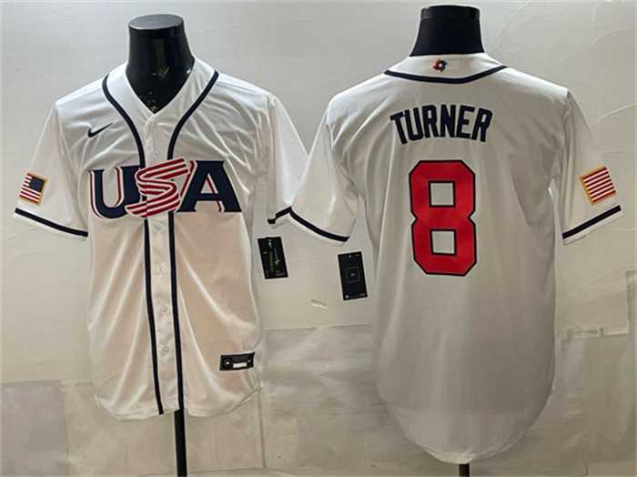 Men%27s USA Baseball #8 Trea Turner White 2026 World Baseball Classic Home Stadium Stitched Jersey