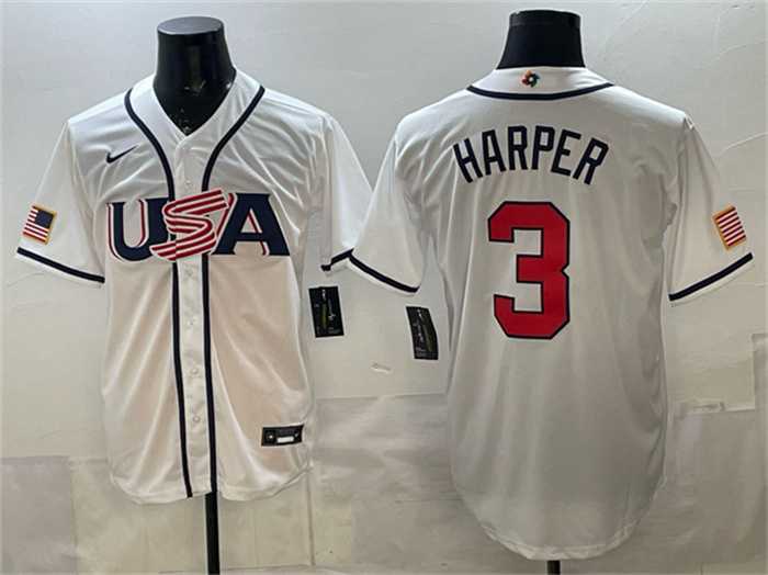Men%27s USA Baseball #3 Bryce Harper White 2026 World Baseball Classic Home Stadium Stitched Jersey