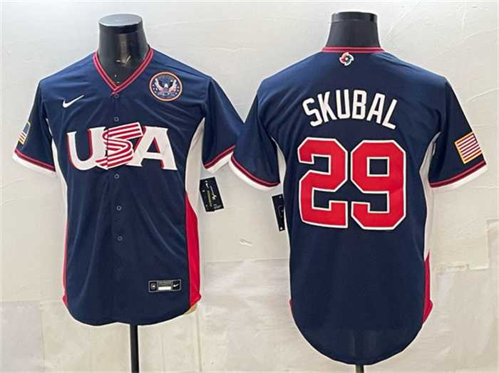 Men%27s USA Baseball #29 Tarik Skubal Navy 2026 World Baseball Classic United States 250th Anniversary Patch Road Stadium Stitched Jersey