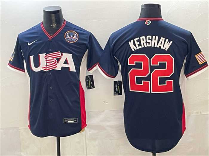 Men%27s USA Baseball #22 Clayton Kershaw Navy 2026 World Baseball Classic United States 250th Anniversary Patch Road Stadium Stitched Jersey