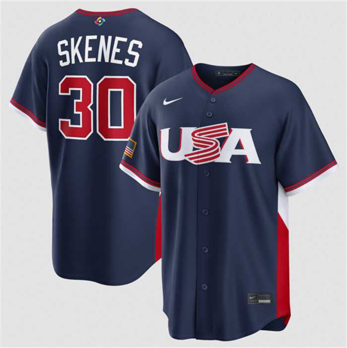 Men%27s USA Baseball #30 Paul Skenes Navy 2026 World Baseball Classic Road Stadium Stitched Jersey