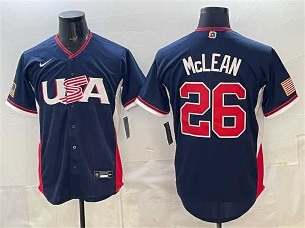 Men%27s USA Baseball #26 Nolan McLean Navy 2026 World Baseball Classic Road Stadium Stitched Jersey
