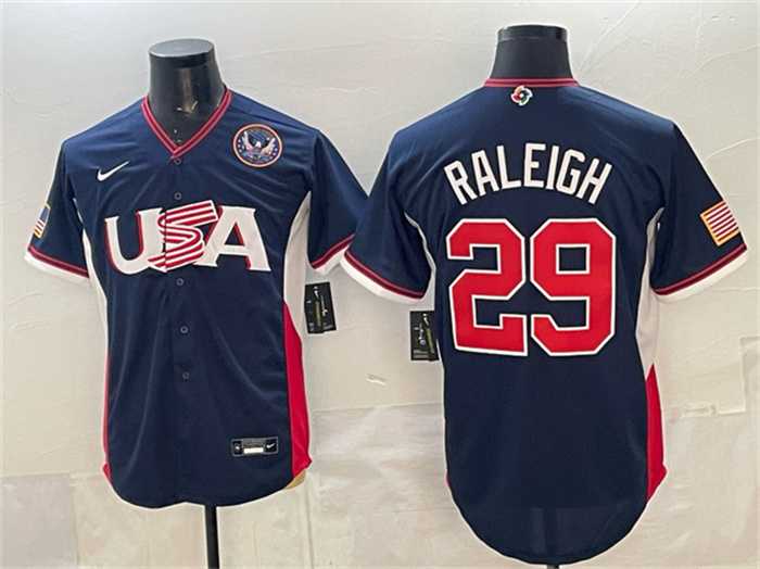 Men%27s USA Baseball #29 Cal Raleigh Navy 2026 World Baseball Classic United States 250th Anniversary Patch Road Stadium Stitched Jersey