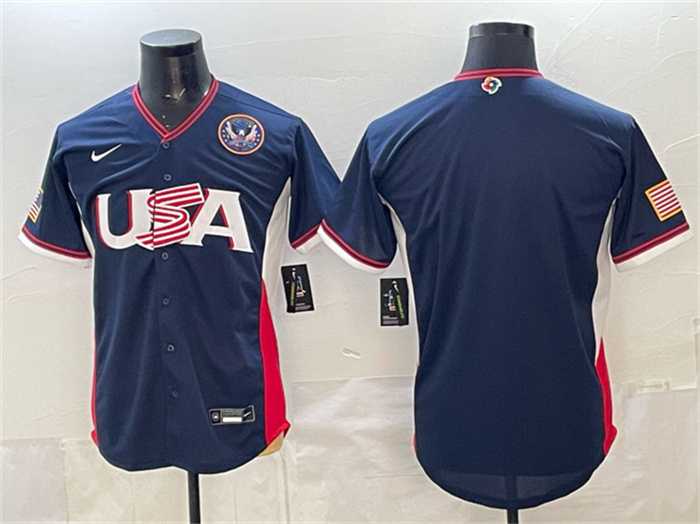 Men%27s USA Baseball Blank Navy 2026 World Baseball Classic United States 250th Anniversary Patch Road Stadium Stitched Jersey