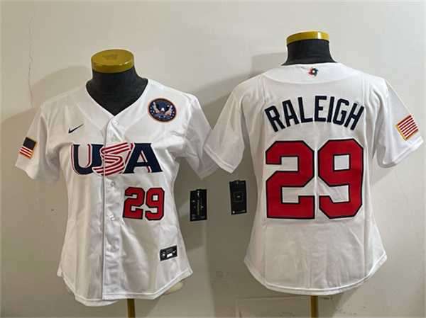 Women%27s USA Baseball #29 Cal Raleigh White 2026 World Baseball Classic United States 250th Anniversary Patch Stadium Stitched Baseball Jersey(Run Small)