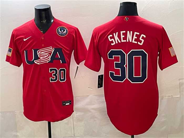 Men%27s USA Baseball #30 Paul Skenes Red 2026 World Baseball Classic United States 250th Anniversary Patch Stadium Stitched Jersey