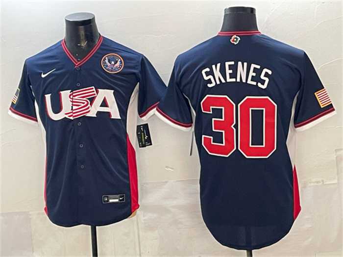 Men%27s USA Baseball #30 Paul Skenes Navy 2026 World Baseball Classic United States 250th Anniversary Patch Road Stadium Stitched Jersey