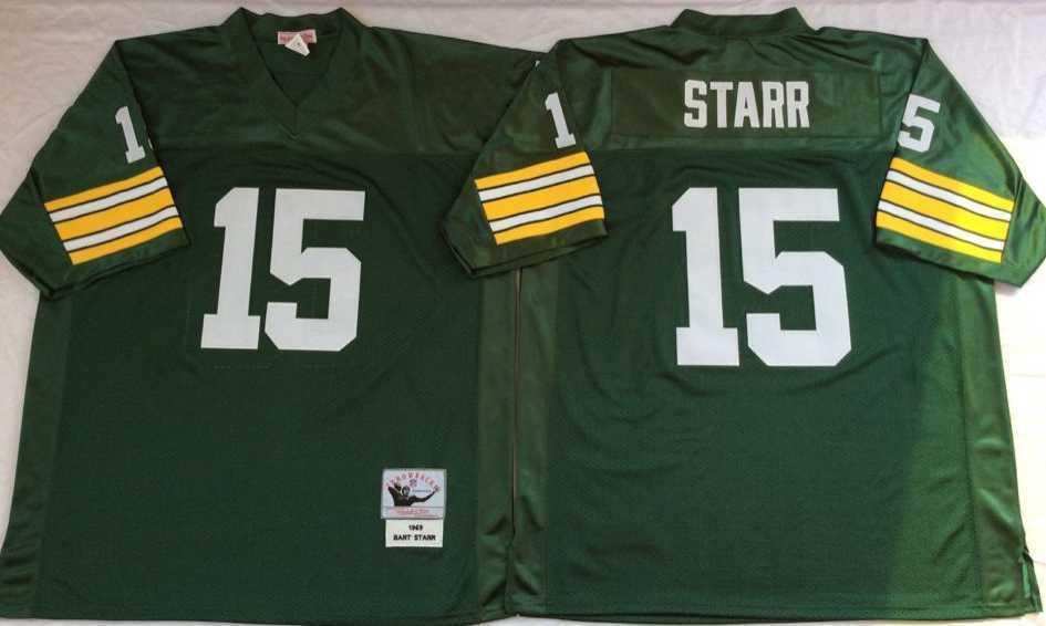 Men%27s Green Bay Packers #15 Bart Starr Green Throwback Stitched Football Jersey