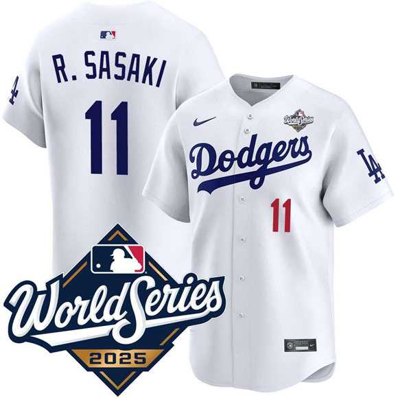 Men%27s Los Angeles Dodgers #11 Roki Sasaki White 2025 World Series Limited Stitched Jersey