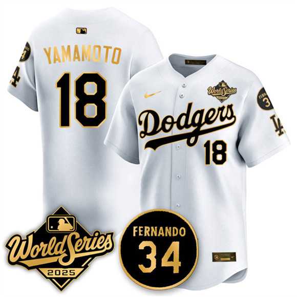 Men%27s Los Angeles Dodgers #18 Yoshinobu Yamamoto White Gold 2025 World Series With No.34 Patch Limited Stitched Jersey