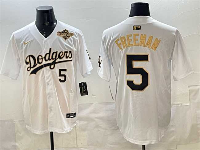 Men%27s Los Angeles Dodgers #5 Freddie Freeman White Gold 2025 World Series Limited Stitched Jersey