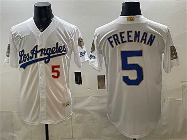 Men%27s Los Angeles Dodgers #5 Freddie Freeman White 2026 Gold Collection 9x & B2B Champs Patch Stitched Jersey Dzhi