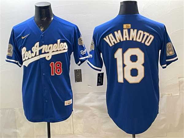 Men%27s Los Angeles Dodgers #18 Yoshinobu Yamamoto Royal 2026 Gold Collection 9x & B2B Champs Patch Stitched Jersey Dzhi