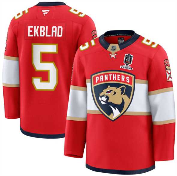 Men%27s Florida Panthers #5 Aaron Ekblad Red Home 2025 Stanley Cup Champions Patch Stitched Jersey Dzhi