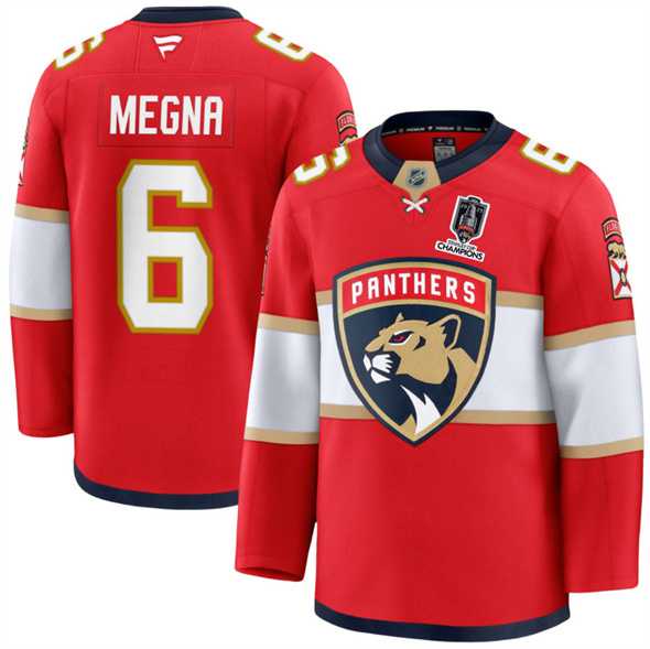 Men%27s Florida Panthers #6 Jaycob Megna Red Home 2025 Stanley Cup Champions Patch Stitched Jersey Dzhi