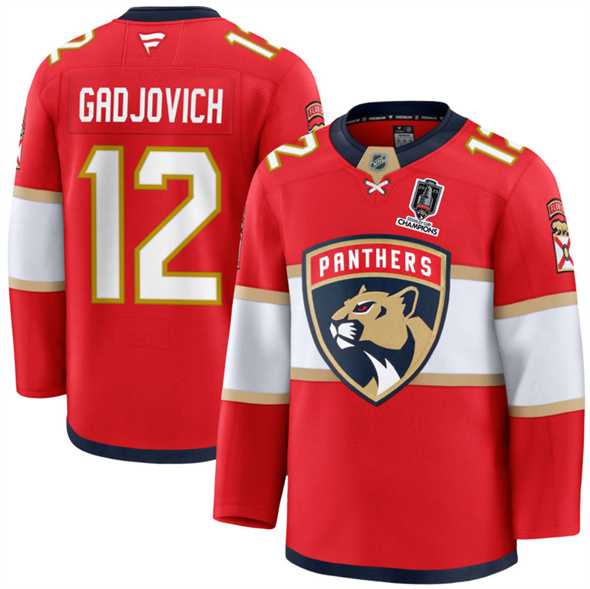 Men%27s Florida Panthers #12 Jonah Gadjovich Red Home 2025 Stanley Cup Champions Patch Stitched Jersey Dzhi