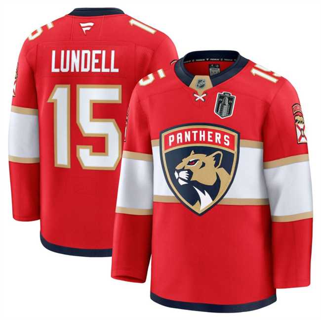 Men%27s Florida Panthers #15 Anton Lundell Red 2025 Stanley Cup Final Patch Stitched Hockey Jersey Dzhi