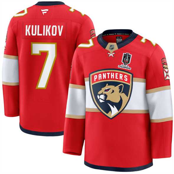 Men%27s Florida Panthers #7 Dmitry Kulikov Red Home 2025 Stanley Cup Champions Patch Stitched Jersey Dzhi