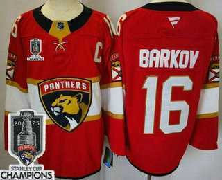 Men%27s Florida Panthers #16 Aleksander Barkov Red 2025 Stanley Cup Champions Authentic Jersey