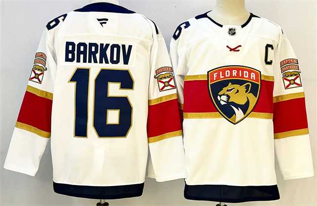 Men%27s Florida Panthers #16 Aleksander Barkov White 2024-25 Home With C Patch Stitched Hockey Jersey