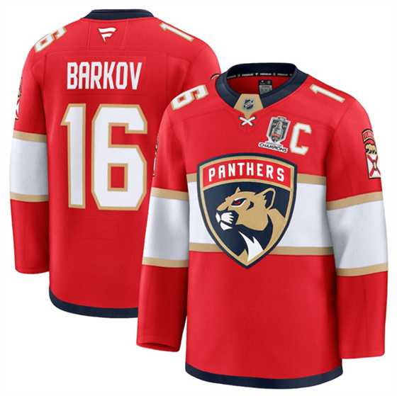 Men%27s Florida Panthers #16 Aleksander Barkov Red Home 2025 Stanley Cup Champions & C Patch Stitched Hockey Jersey Dzhi