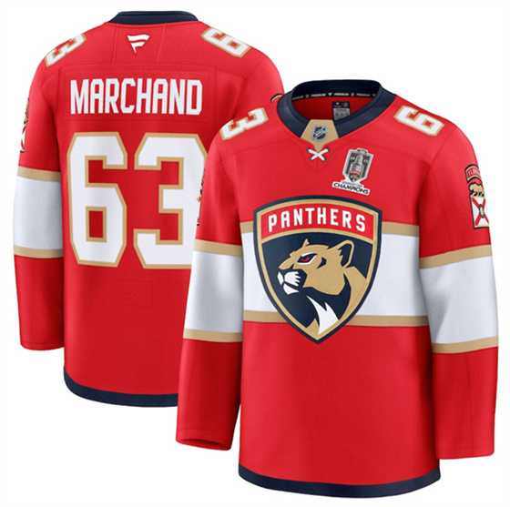 Men%27s Florida Panthers #63 Brad Marchand Red Home 2025 Stanley Cup Champions Patch Stitched Hockey Jersey Dzhi