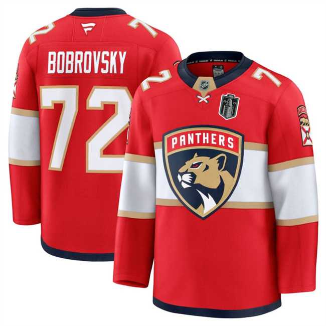 Men%27s Florida Panthers #72 Sergei Bobrovsky Red 2025 Stanley Cup Final Patch Stitched Hockey Jersey Dzhi