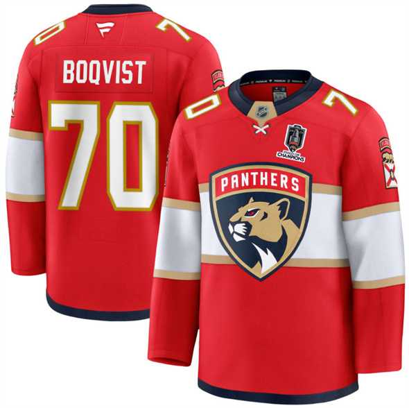Men%27s Florida Panthers #70 Jesper Boqvist Red Home 2025 Stanley Cup Champions Patch Stitched Jersey Dzhi