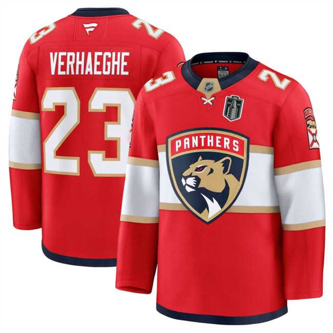 Men%27s Florida Panthers #23 Carter Verhaeghe Red 2025 Stanley Cup Final Patch Stitched Hockey Jersey Dzhi