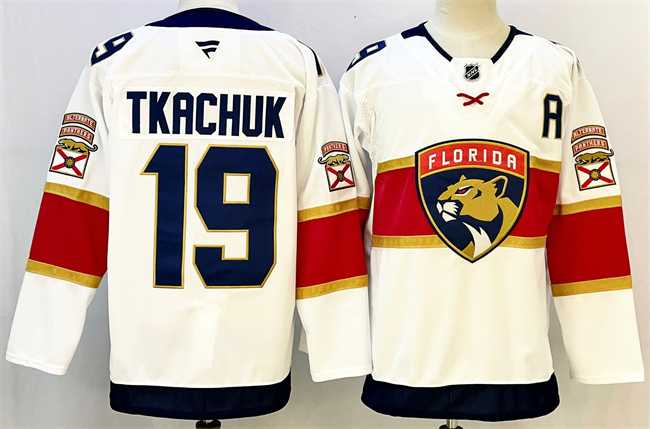 Men%27s Florida Panthers #19 Matthew Tkachuk White 2024-25 Home With A Patch Stitched Hockey Jersey
